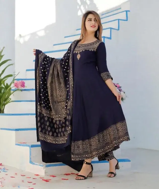 Rayon Printed Kurti with Dupatta for Women (Navy Blue, L)