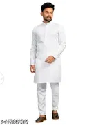 Cotton Blend Solid Kurta Set for Men, White 