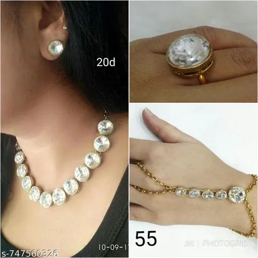 Handicraftcombo Of Necklace Braclet And Finger Ring, White