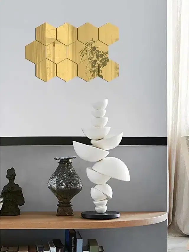 Acrylic Hexagon Shaped Wall Mirror Stickers (Gold, Pack of 12)