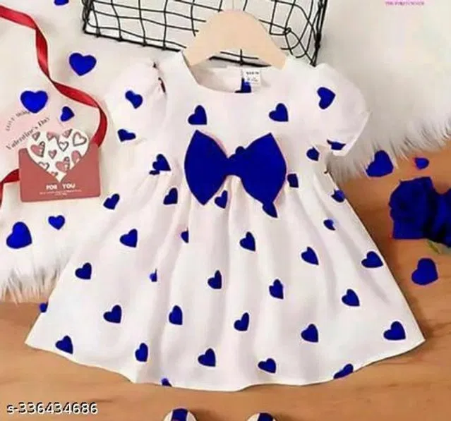 Rayon Frock for Girls (White & Blue, 0-1 Years)