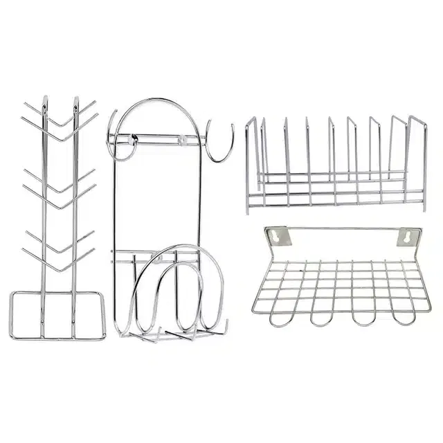 Stainless Steel Cup Stand & Plate Stand with Chakla Belan Stand & Utensil Holder (Set of 4, Silver)