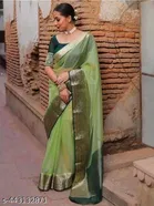 Organza Printed Saree for Women, Green 