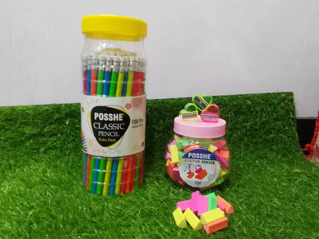 Combo of Posshe Rubber Tip Pencils (100 Pcs) with 100 Pcs Erasers & 2 Pcs Sharpeners (Multicolor, Set of 3)