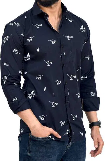 Men's Printed Shirt (Navy Blue, L) (BF-3)