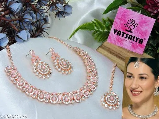 Rose Gold Finish Stunning Partywear Necklace Set for Women (Pink, Free Size)
