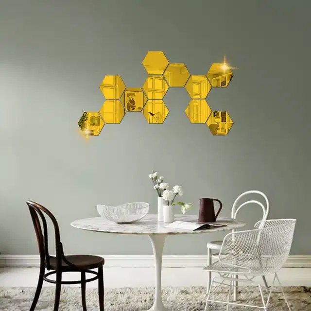 Acrylic Hexagon Shaped Wall Mirror Stickers (Gold, Pack of 12)