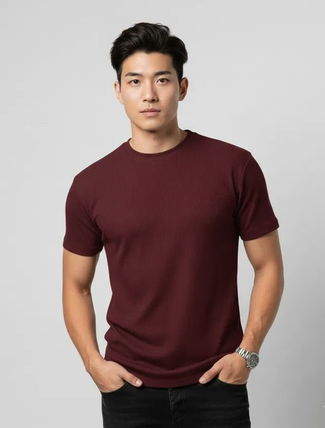 Polyester Round Neck T-shirt for Men, Maroon (XL)