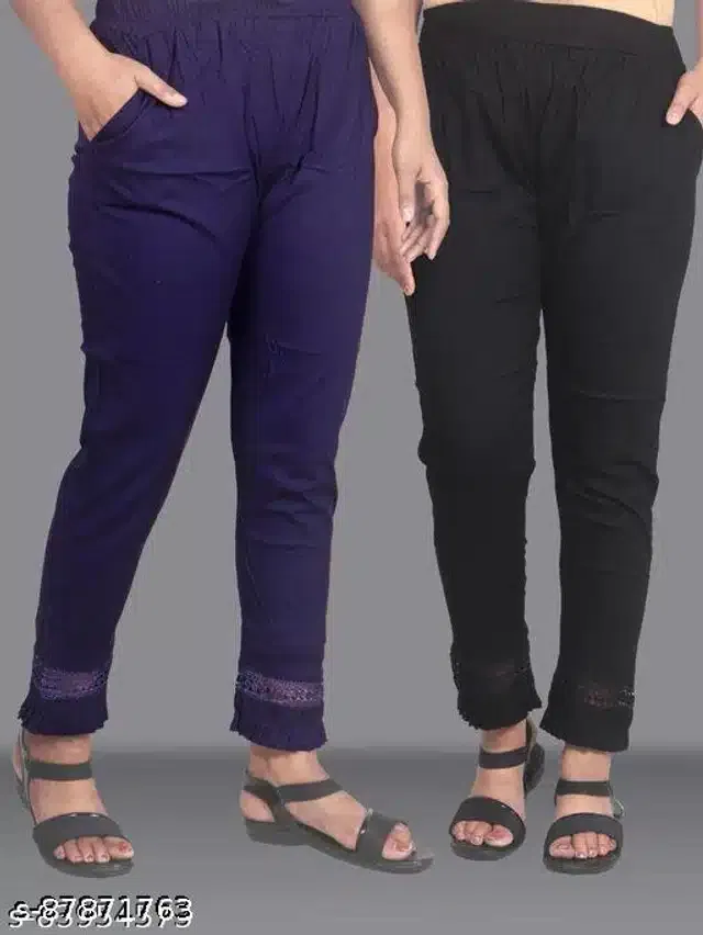 Cotton Lycra Trouser for Women (Navy Blue & Black, 34) (Pack of 2)