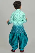 Dupion Silk Printed Kurta with Dhoti for Boys, Sea Green 