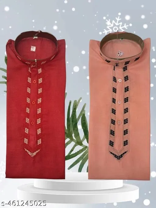 Abstract Embroidered Mandarin Neck Kurta for Men (Red, XL)