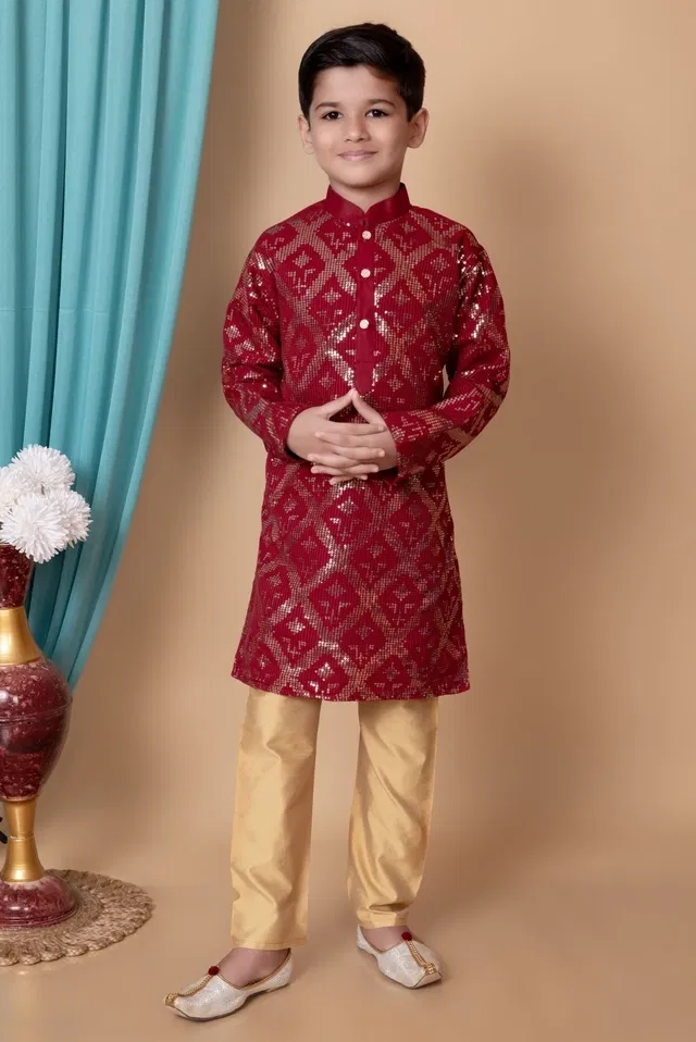 Dupion Silk Embellished Kurta with Payjama for Boys, Maroon & Golden (6-7 Years)