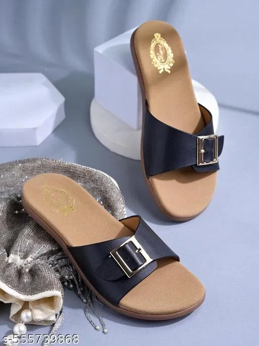 Solid Synthetic Flat Girls Sandals (Black, 5)