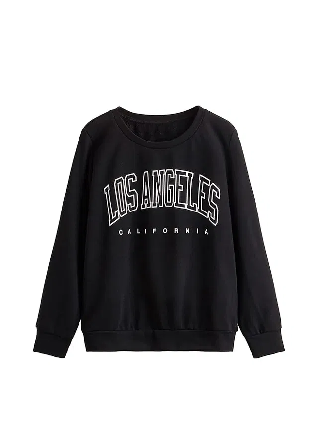 Women's Graphic Print Long Sleeve Round Neck Sweatshirt (Black-L)