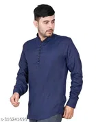 Cotton Blend Solid Short Kurta for Men, Navy Blue 
