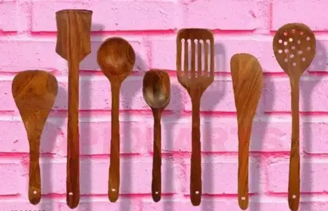 Serving and Cooking Spoon Spatula Set (Brown, Set of 7)