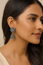 Women's Antique Peacock Jhumka Earring Set - Silver & Gold Finish 