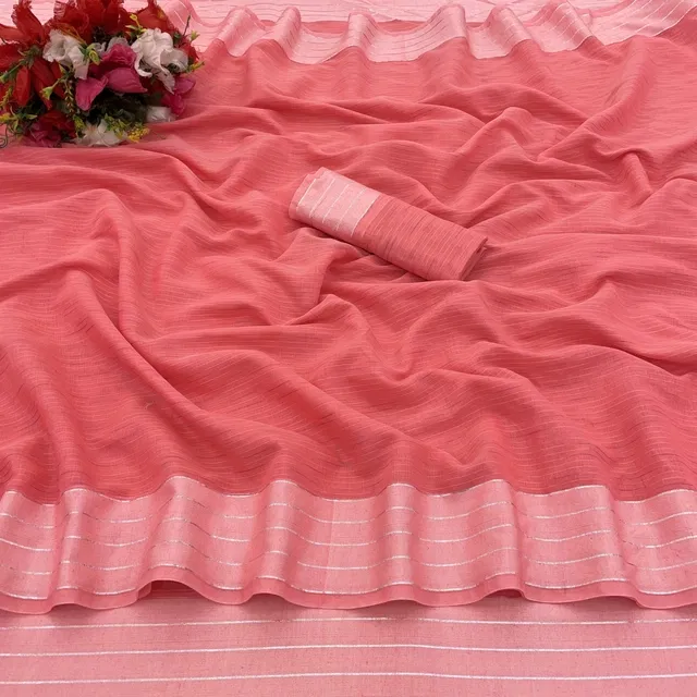 Cotton Blend Striped Saree for Women (Peach, 6.3 m)