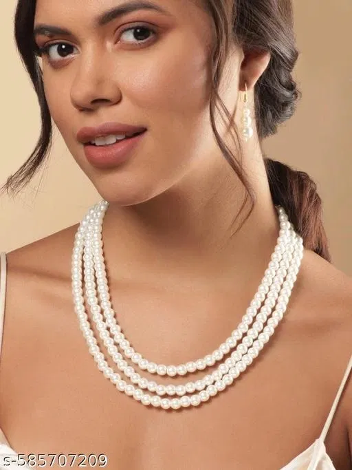 Three Layer Pearl Jewellery Set for Women & Girls, White