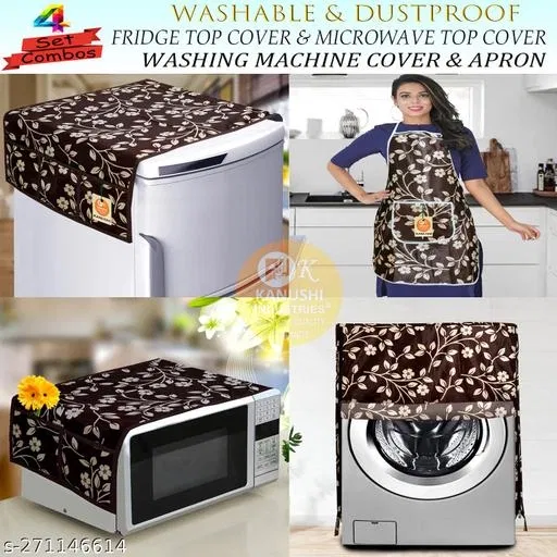 KANUSHI Industries® Washabl&Dustproof Front Load Automatic Washing Machine Cover+1 Pc Fridge Cover+1 Pc Microwave Cover+ Apron for Kitchen Front (W.M-FRONT+APRON+MICRO+FRI-BROWN-RAJ)