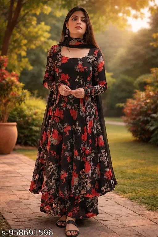 Heavy Design Georgette Kurta Set for Women (Black, S)