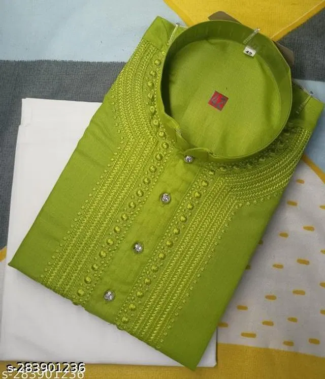 Cotton Embroidered Kurta with Pyjama for Men (Green & White, M)