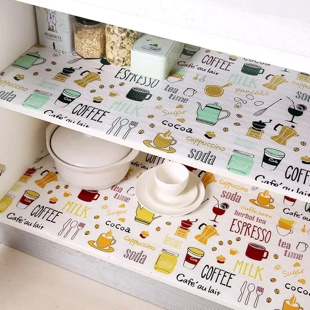 Coffee Theme PVC Kitchen Cabinet Shelf Mat Kitchen Mat EVA Food Grade Multipurpose Washable Anti Slip Mat/Sheet for Fridge, Shelf Liner, Table, Kitchen Drawer mat (45x300 cm)