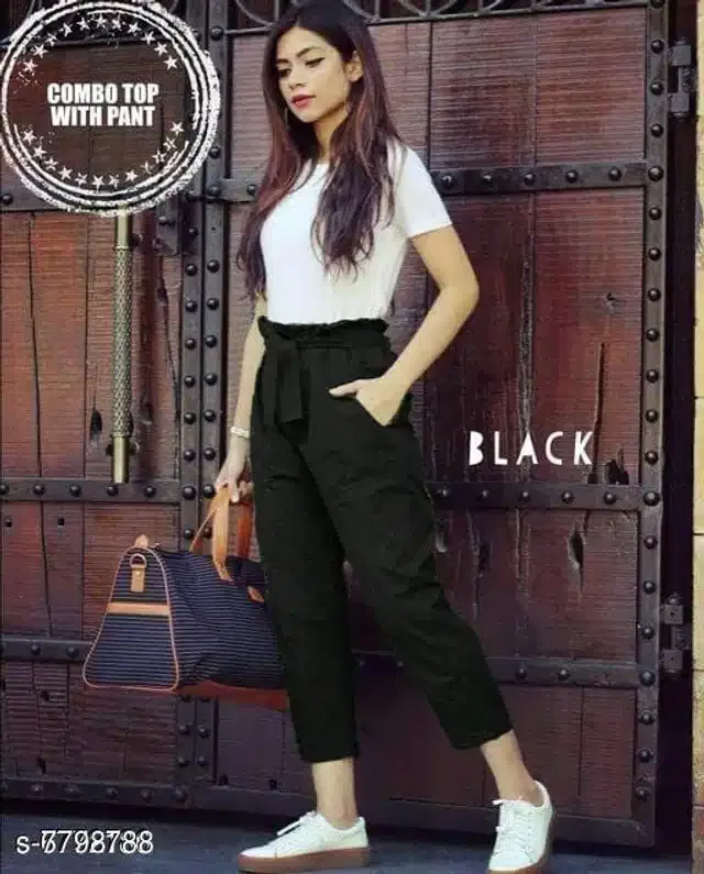 Half Sleeves Top & Bottom Set for Women (White & Black, M)