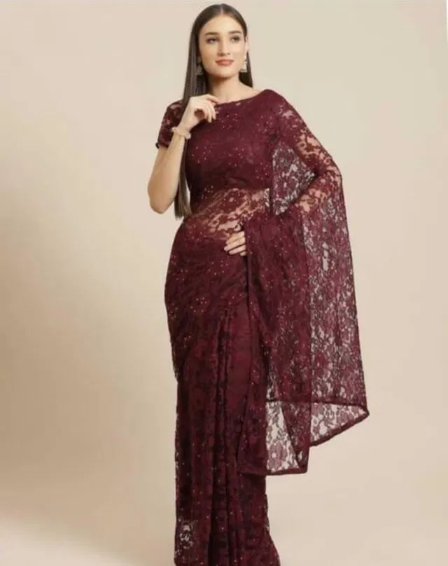 Net Solid Saree for Women (Brown, 6.3 m)