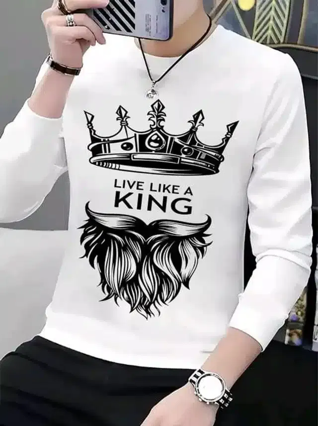 Full Sleeves Printed T-Shirt for Men (White, M)