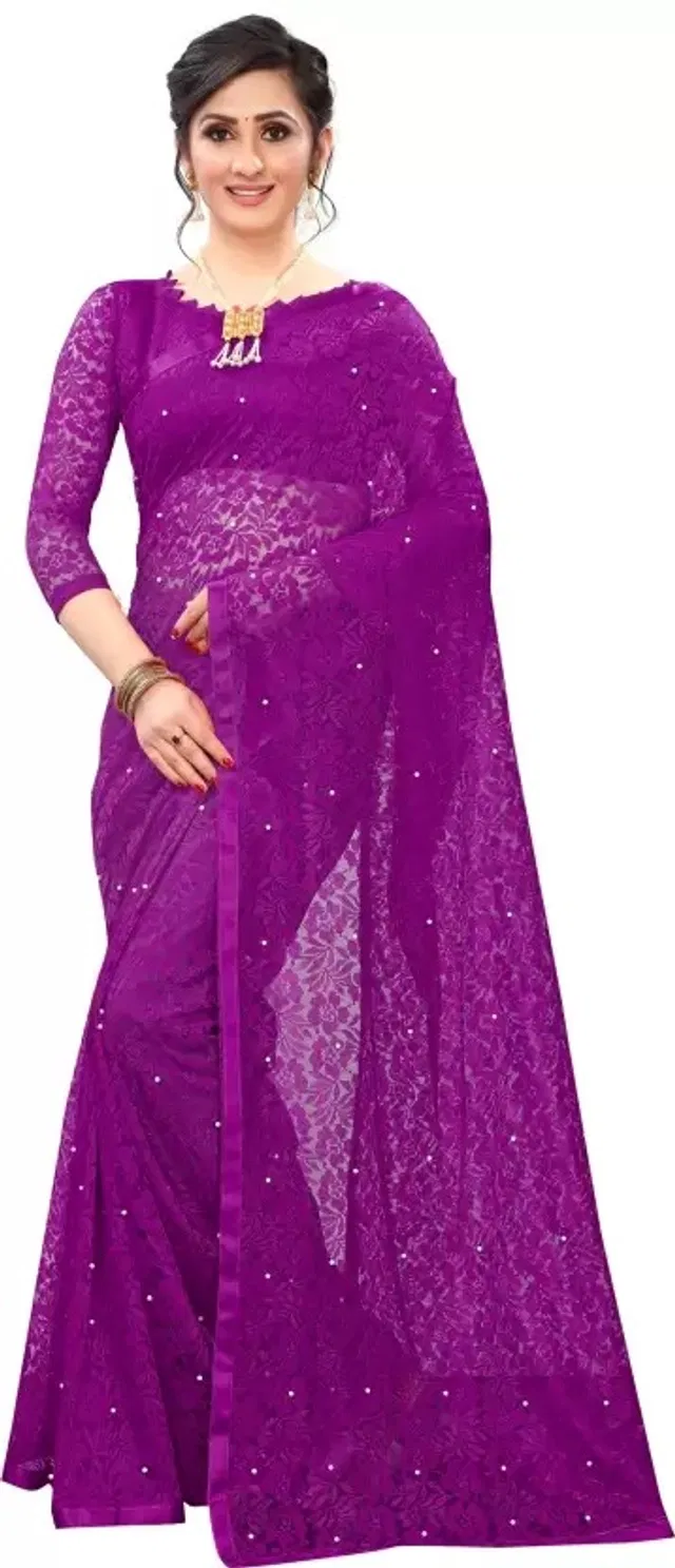 Net Solid Saree for Women (Wine, 6.3 m)