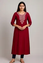 Ambi Design Cotton Embroidery Long Kurti For Women (Maroon) Size (S)