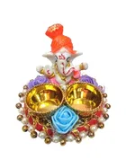 Metal Decorative Ganpati Haldi Kumkum Stand with 2 Roli Chawal Holder, Multicolor