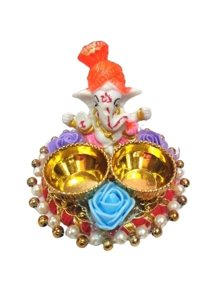 Metal Decorative Ganpati Haldi Kumkum Stand with 2 Roli Chawal Holder, Multicolor