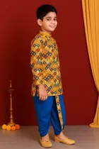 Cotton Printed Kurta with Dhoti for Boys, Yellow & Blue 