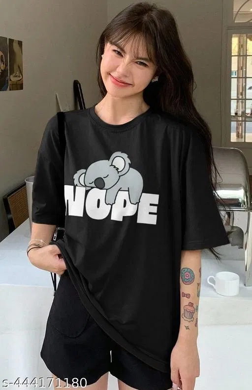 Cotton Blend Printed T-shirt for Women, Black (XL)
