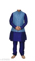 Banarasi Dupion Silk Solid Kurta with Pyjama & Jacket for Men 