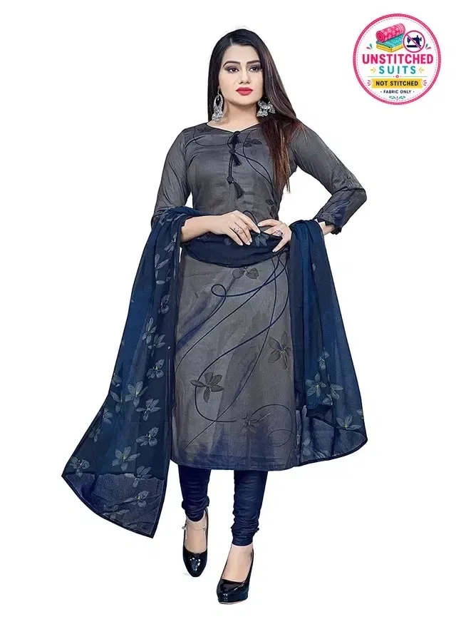 Cotton Printed Unstitched Suits Fabric for Women (Blue & Grey)