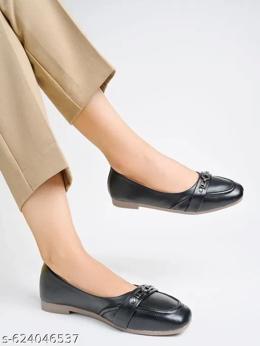 Solid Synthetic Ballerinas for Women (Black, IND-9)