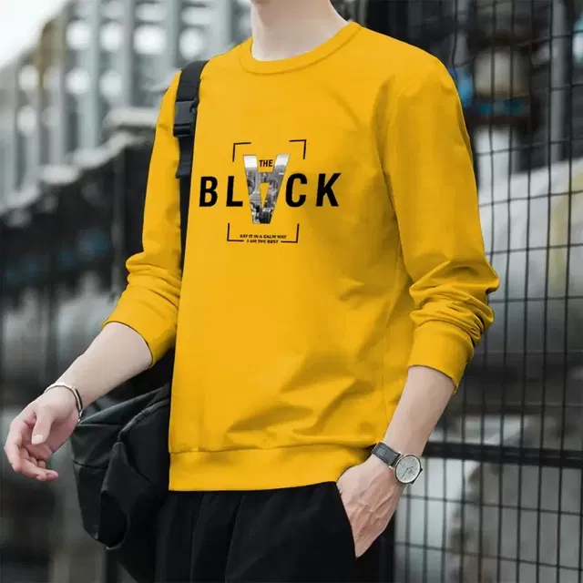 Round Neck Printed T-Shirt for Men (Mustard, L)