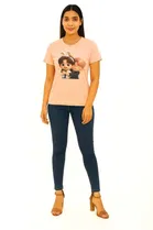 Cotton Blend Printed T-shirt for Women, Peach 