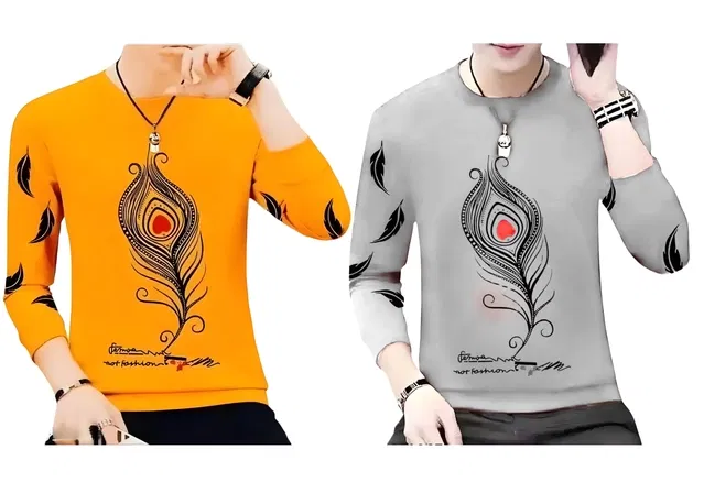Round Neck Printed T-Shirt for Men (Grey & Mustard, S) (Pack of 2)