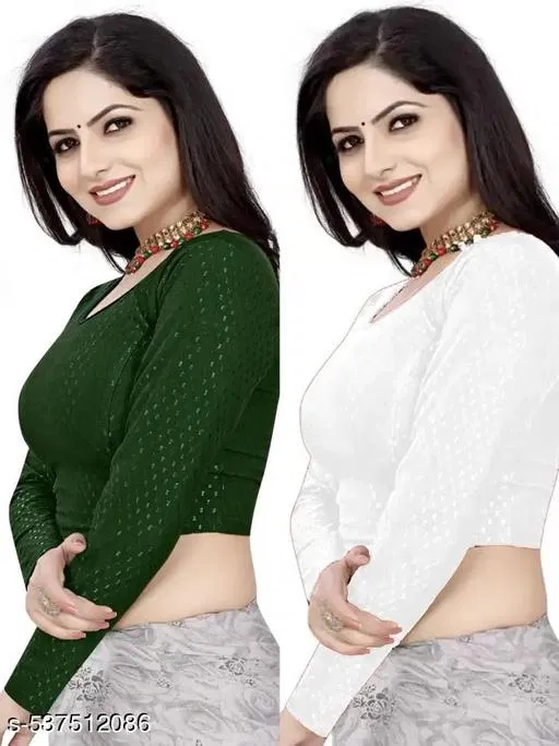 Lycra Ready Made Blouse for Women, Green & White , Pack of 2 (34)