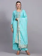 Cotton Embroidered Kurta with Pant & Dupatta for Women (Blue, S)
