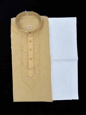 Cotton Embroidered Kurta with Pyjama for Men (Beige & White, XL)