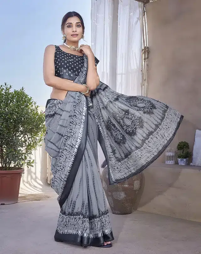 Linen Printed Saree for Women (Grey, 6 m)