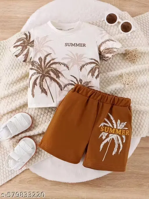 Fancy Summer Cotton Blend Clothing Set for Boys ,Cream & Brown (5-6 Years)