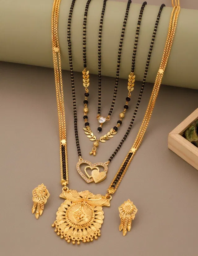 Alloy 4 Pcs Mangalsutra Set with Earrings for Women (Gold, Set of 1)