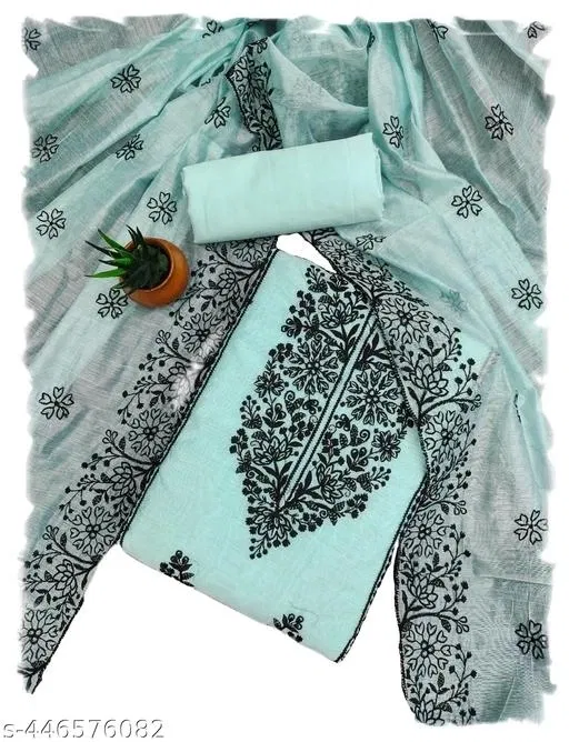 Cotton Chanderi Unstitched Suit for Women (Green, Free Size)