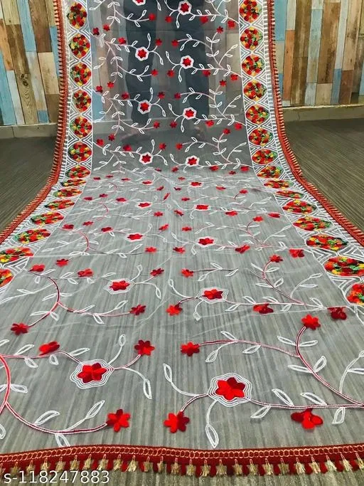 Embroidered Punjabi Net Dupatta (White, Free Size)